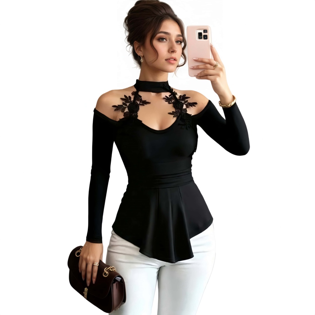 Womens Long Sleeve Top New Hollow Off-shoulder Slim Top Evening Party Wear